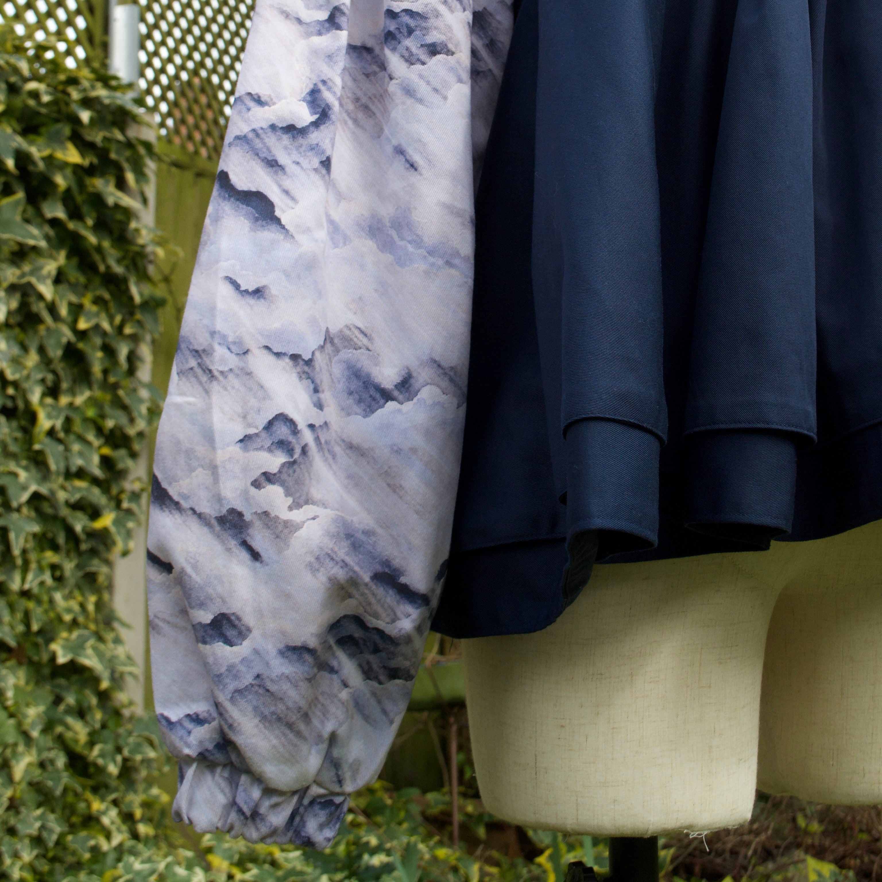 Marbled cloud print, elasticated cuff, oversized sleeve, circle skirt jacket with extra ruffle, light blues with navy contrast spring summer jacket for women