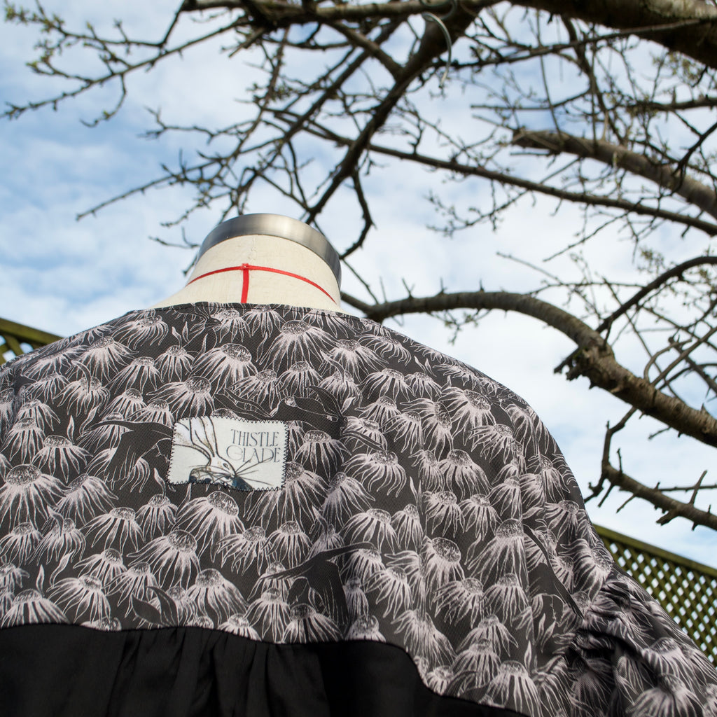 black and white whimsical floral print with swans and hares, handmade oversized lightweight jacket for spring summer 100% cotton 
