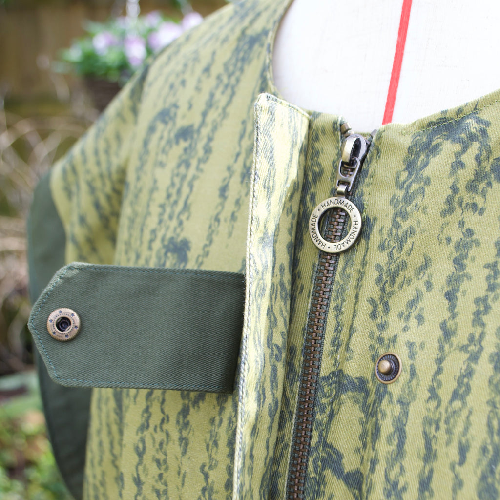 elegant luxurious greens on 100% cotton, willow leaves print, oversized gilet vest for women with hidden zip and popper closure. handmade, sustainable vest for women