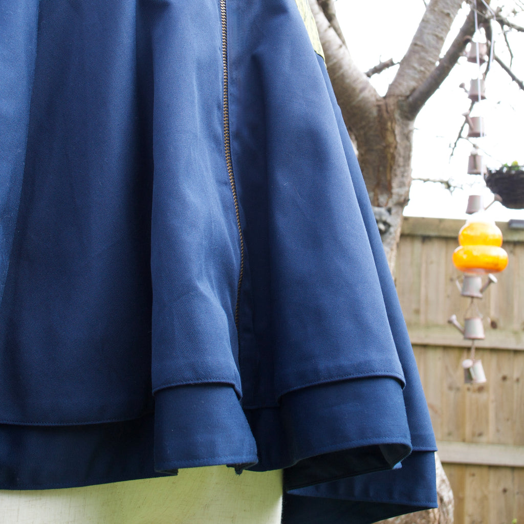 chic willow print jacket with navy contrast circle skirt jacket with extra ruffle, spring summer lightweight jacket for women